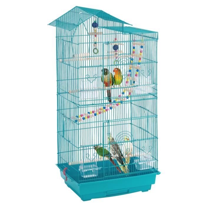 cage oiseaux intérieur - 46 x 35,5 x 99 cm - avec poignée avec 3 jouets 4 mangeoires 3 perchoirs 1 swing - bleu canard - yaheetech