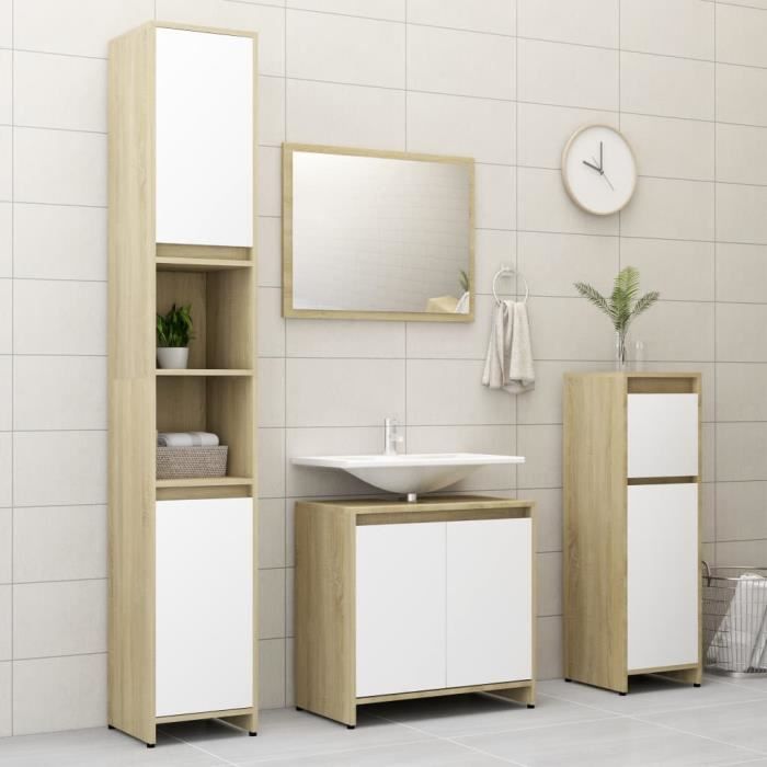 armoire de bain blanc et chêne sonoma 30x30x95 cm aggloméré