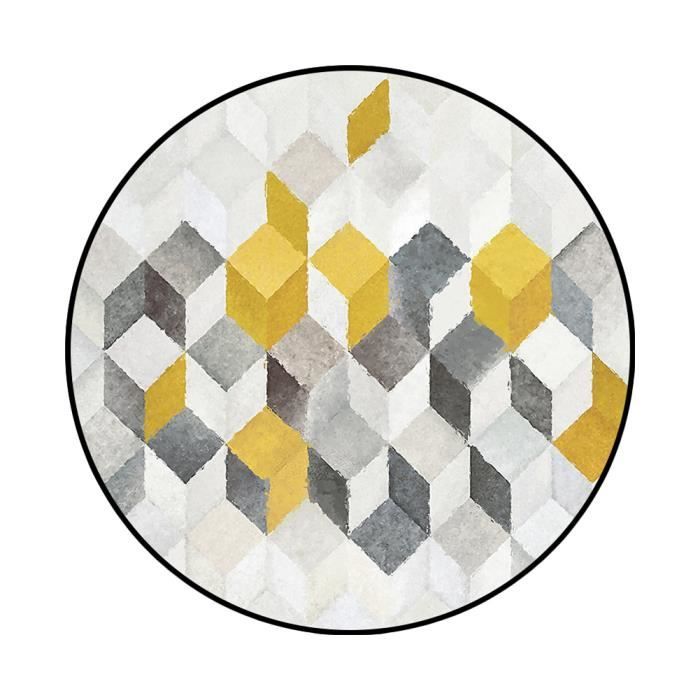 Tapis Rond φ160cm Tapis Rond Géométrique Abstrait Grand Tapis Ethnique Polyester Pour Chambre Carré Géométrique Jaune Gris