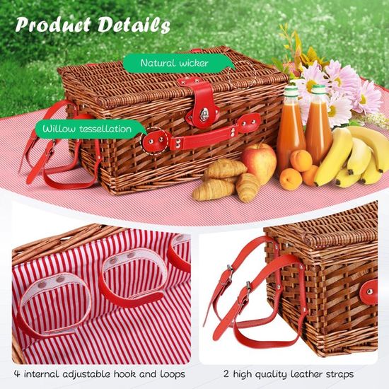 Panier De Pique-Nique Pour 4 Personnes En Osier Avec Compartiment Isotherme, Couverts Et Tapis Imperméable - Rose