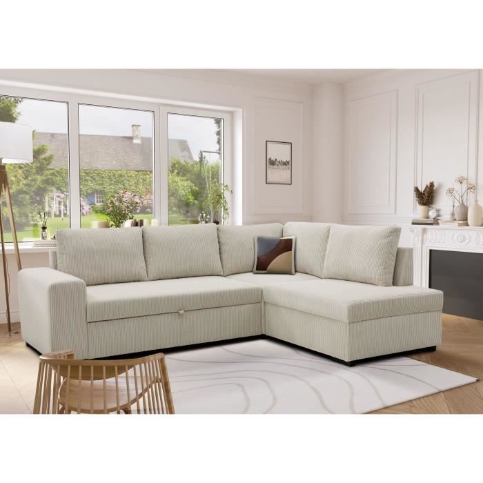 Canapé d'angle convertible réversible NIRVANA 4/5 places - Velours côtelé Beige - Coffre de rangement - L247 x P 183 x H 87cm