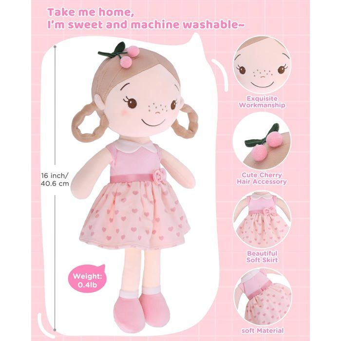 GAGAKU Poupée Bébé Douce 40,6 Cm – Ma Première Poupée En Peluche, Fille Aux Cerises – Cadeau Anniversaire Ou Noël Pour Enfant 1 An