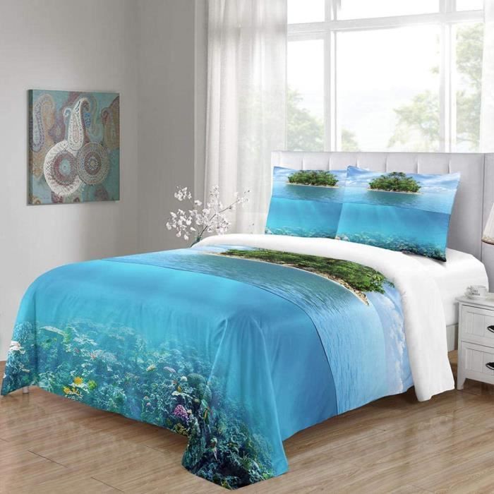 Housse De Couette 3D Santorin Grèce – Paysage Romantique Île Grecque, Microfibre Douce + 2 Taies 65×65 Cm