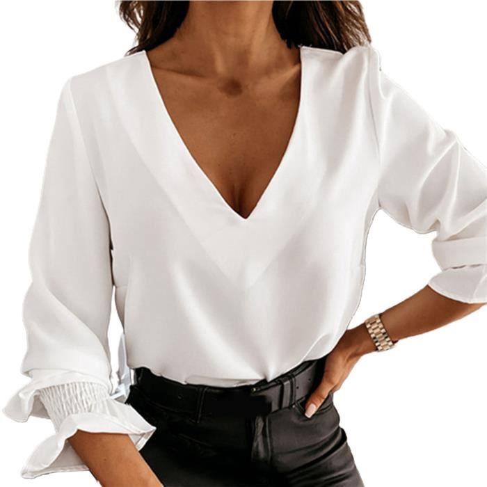 CHEMISIER BLOUSE LIQUETTE Chemise col en V evasee a manches longues pour femme chemise style White White Cdiscount Pret a Porter