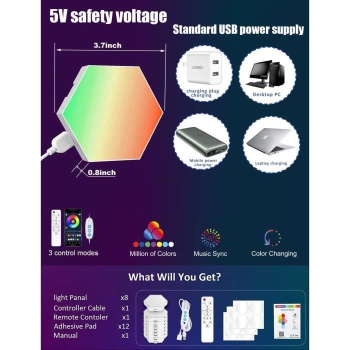 Panneau LED Hexagone Murale Lampe - Smart RGB Modulaires Light Contrôle Tactile avec App