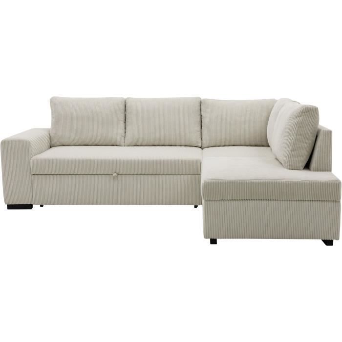 Canapé d'angle convertible réversible NIRVANA 4/5 places - Velours côtelé Beige - Coffre de rangement - L247 x P 183 x H 87cm