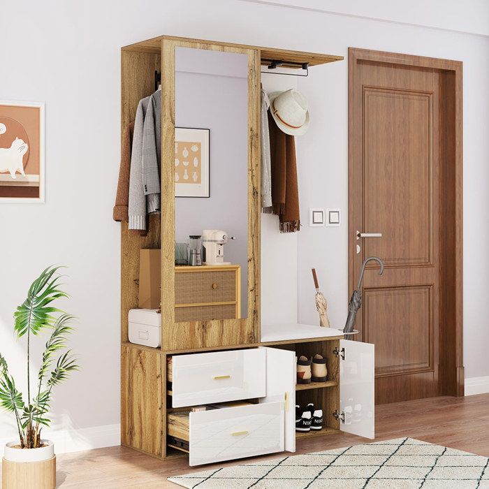 Penderie multi rangement en bois et blanc uni avec rideau - TOM 0322