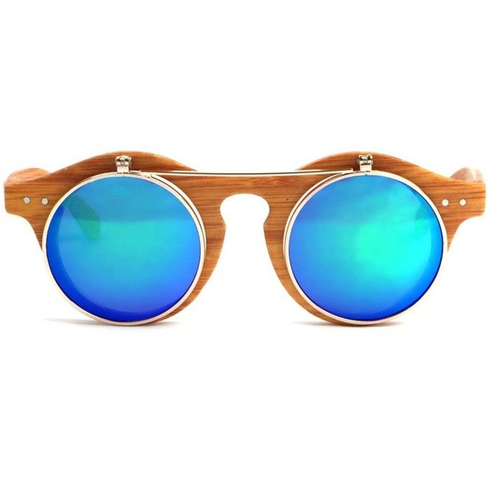 SOLEYL-Lunettes soleil Rondes Miroir Bleu Monture Bois Fantaisie