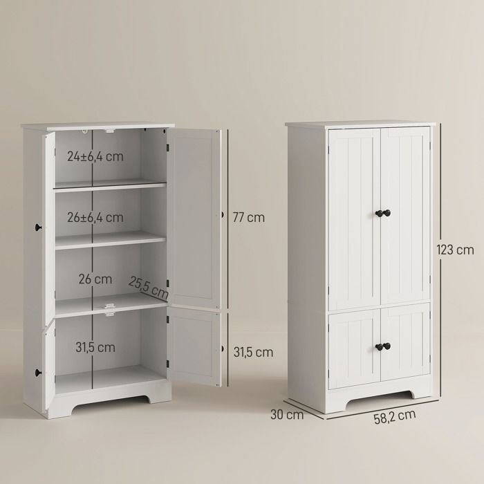 HOMCOM Armoire De Cuisine Buffet Meuble De Rangement 58,2 X 30 X 123 Cm Blanc - Placards Et Étagères Réglables