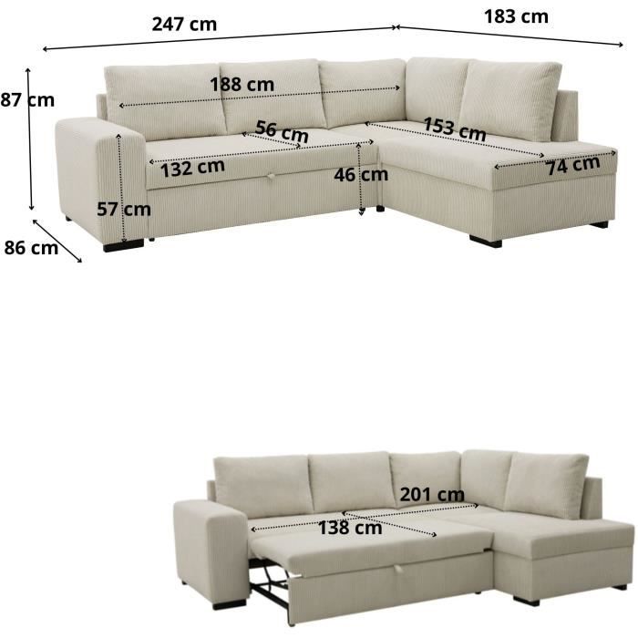 Canapé d'angle convertible réversible NIRVANA 4/5 places - Velours côtelé Beige - Coffre de rangement - L247 x P 183 x H 87cm