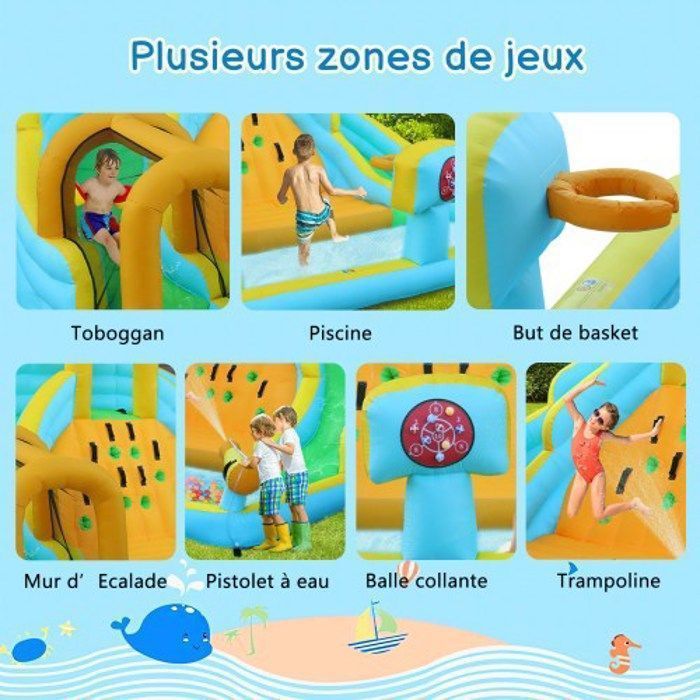 Château Gonflable Géant – Toboggan Double, Trampoline, Piscine à Balles, Basket – 322x305x208 Cm
