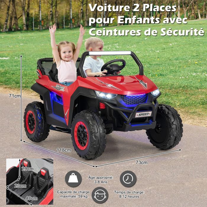 Voiture Électrique Enfant 12V 2 Places - Télécommande 2.4G - Démarrage Lent - Ceinture Sécurité - Rouge