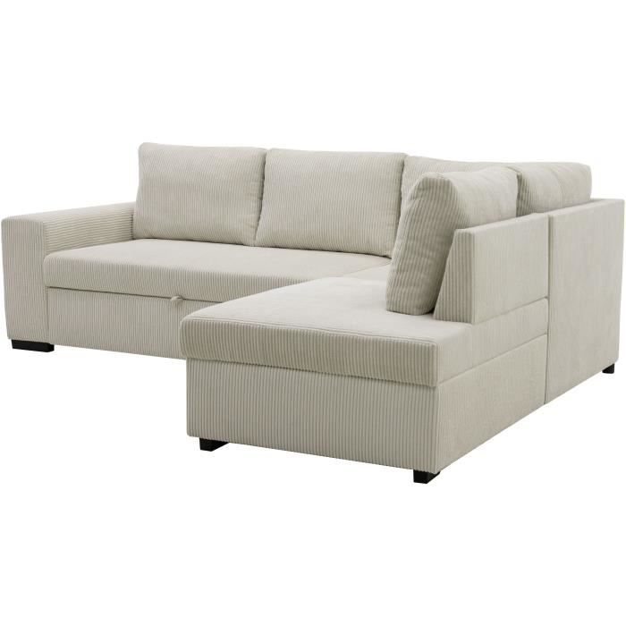 Canapé d'angle convertible réversible NIRVANA 4/5 places - Velours côtelé Beige - Coffre de rangement - L247 x P 183 x H 87cm
