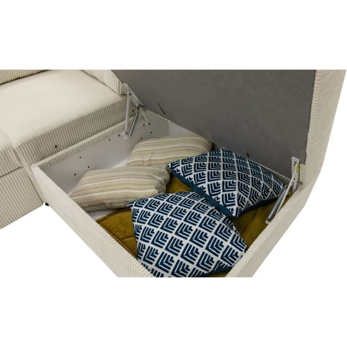 Canapé d'angle convertible réversible NIRVANA 4/5 places - Velours côtelé Beige - Coffre de rangement - L247 x P 183 x H 87cm