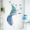 MARQUEUNE Stickers muraux PLUME en bleu (123×71 cm) I décoratifs sticker mural Oiseaux Poster moderne I Déco pour salon chambre-0