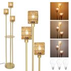 LAPAMAX Lampadaire Salon en Rotin Doré À 3 Flammes avec Etagère - 3 Températures LED, Interrupteur au Pied & Structure Métallique Stable