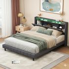 Lit adulte double 160x200cm - lit en lin avec rangement LED et charge USB - DREAMMESPACE - Gris