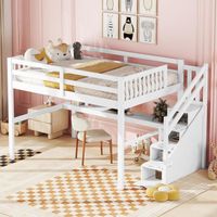 Lit mansardé pour enfants 140x200cm, lit bébé , avec  table sous le lit, escalier de rangement et 4 tiroirs, bois massif, blanc