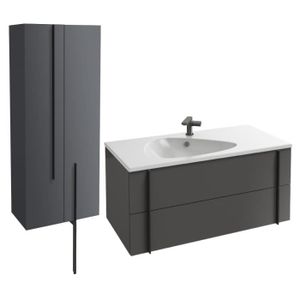 MEUBLE VASQUE - PLAN Meuble lavabo simple vasque 100 cm JACOB DELAFON Nouvelle Vague gris brillant + colonne de salle de bain 2 portes