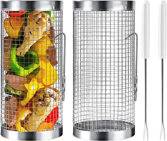 2 Paniers Barbecue Acier Inoxydable Roulants - Grand Format Avec Fourchettes - Cuisson 360°