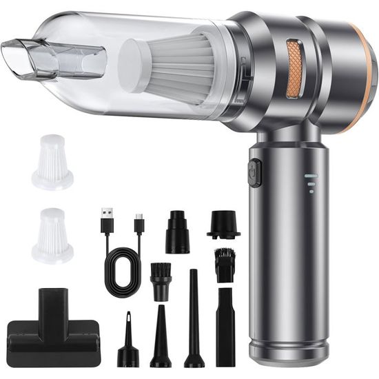 Aspirateur Voiture Sans Fil Ultra Puissant 20000Pa - Mini Aspirateur Main 6000mAh 3 Vitesses + Souffleur + Gonfleur - Noir Or