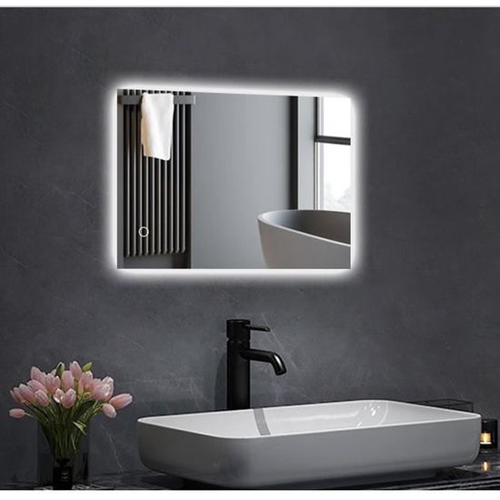 AKALNNY Miroir salle de bain LED avec éclairage blanc Miroir mural avec anti-buée + interrupteur tactile 70x50cm