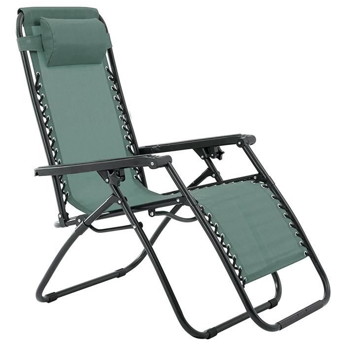 Lot de 2 Chaises Longue Inclinable - Chaises de Jardin Pliantes - Appuie-Tête Amovible - Cadre En Acier - Vert