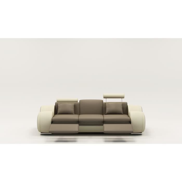 Canapé design 3 places cuir marron et beige + têtières relax OSLO