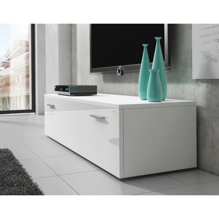 Meuble TV Bas 150 cm Corps Blanc Mat / Avant Blanc Brillant
