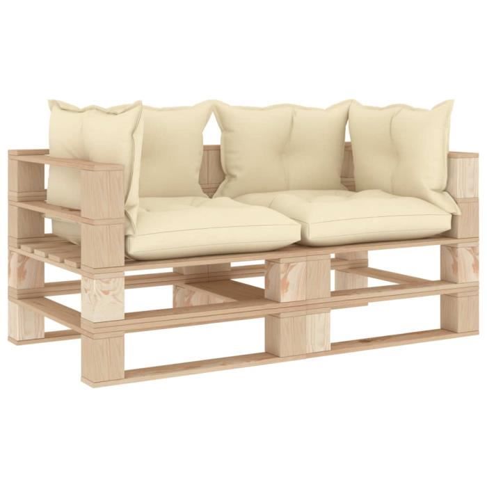 Luxueux Magnifique-Canapé palette à 2 places de jardin Jardin Patio Extérieur Salon avec coussins crème Bois