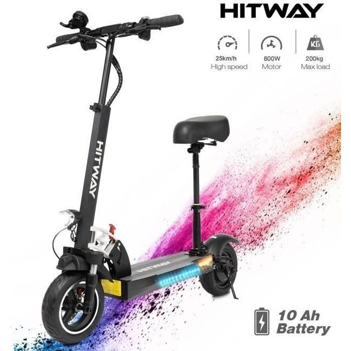 HITWAY Trottinette Electrique Pliable 800W, Scooter 10” Avec Siège Longue portée 25KM Batterie 10Ah Écran LCD