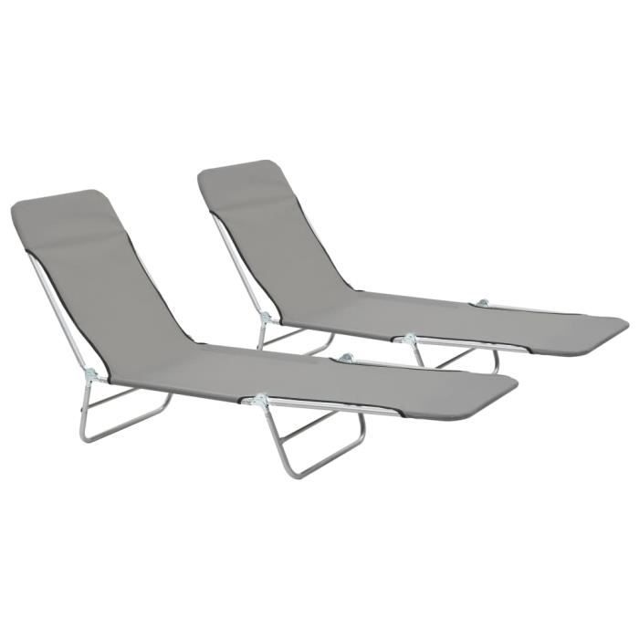 Lot de 2 Chaises Longue de jardin Transat Jardin de Bain Sièges de jardin pliable 56 x 182 x 24,5 cm- Acier et tissu Gris