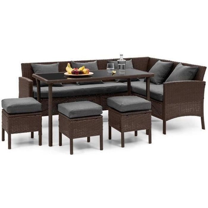 Blumfeldt Titania Lounge Salon de jardin 7 places résine tréssée - table à manger , canapé & 3 poufs - polyrotin marron & gris foncé