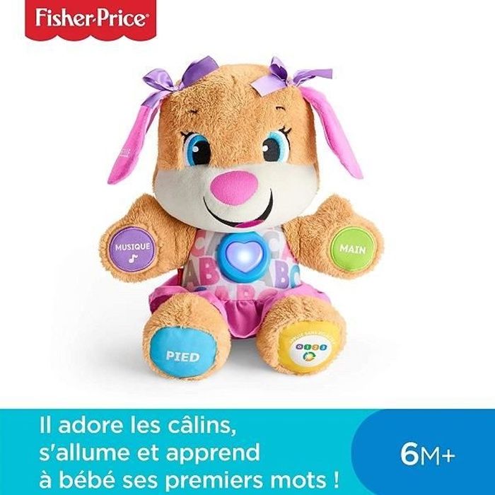 Nounours éducatif interactif- Fisher-Price- Sœur de Puppy-Eveil progressif-3 niveaux d’apprentissage-Caline,parle,rit et chante