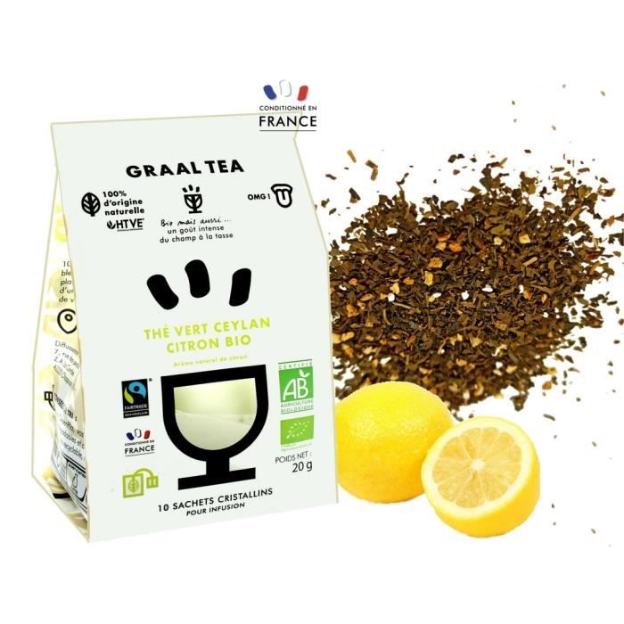 GRAALTEA THÉ VERT CEYLAN CITRON Bio & Équitable en sachet cristallin biodégradable compostable - Arôme naturel de citron - 1 paquet