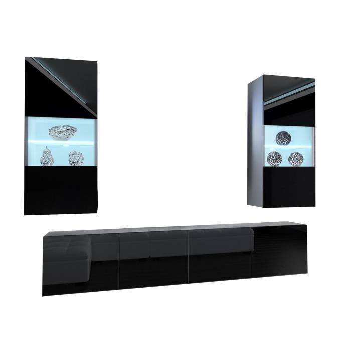 CYAN - Ensemble meubles TV + LED - Unité murale moderne - Largeur 200 cm - Mur TV à suspendre - 2 meuble vitrines - Noir-Blanc