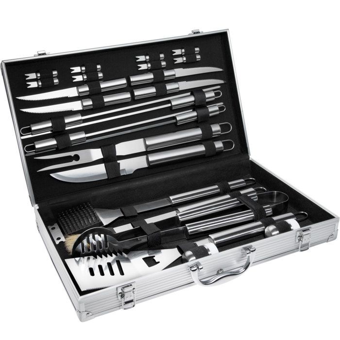 TECTAKE Kit 24 Ustensiles Barbecue en Acier Inoxydable + Mallette de Rangement 46 cm x 8 cm x 27 cm