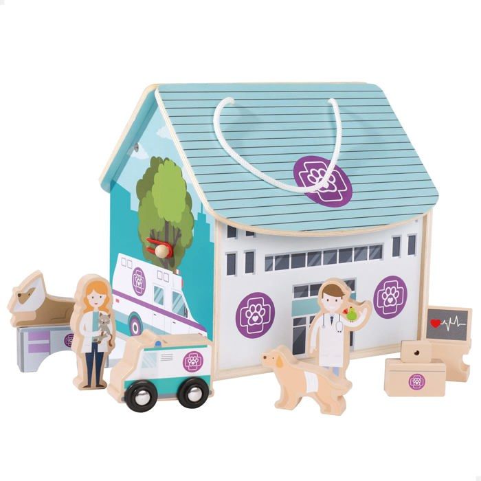 Color Baby Hôpital vétérinaire portable en bois 9 pièces - Jouet enfant 3+ (Bleu)