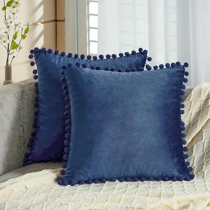 Lot De 2 Housses De Coussin 40x40 Cm - Motif Lys Bleu Marine - Tissu Doux, Fermeture éclair Invisible - Déco Salon, Chambre - 6