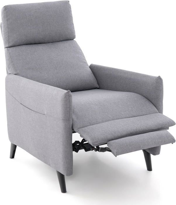 GOPLUS Fauteuil 1 Place Charge 120KG-Fauteuil en Tissu de Lin avec Dossier et Repose-Pieds Réglables-2 Poches pour Magazines Gris
