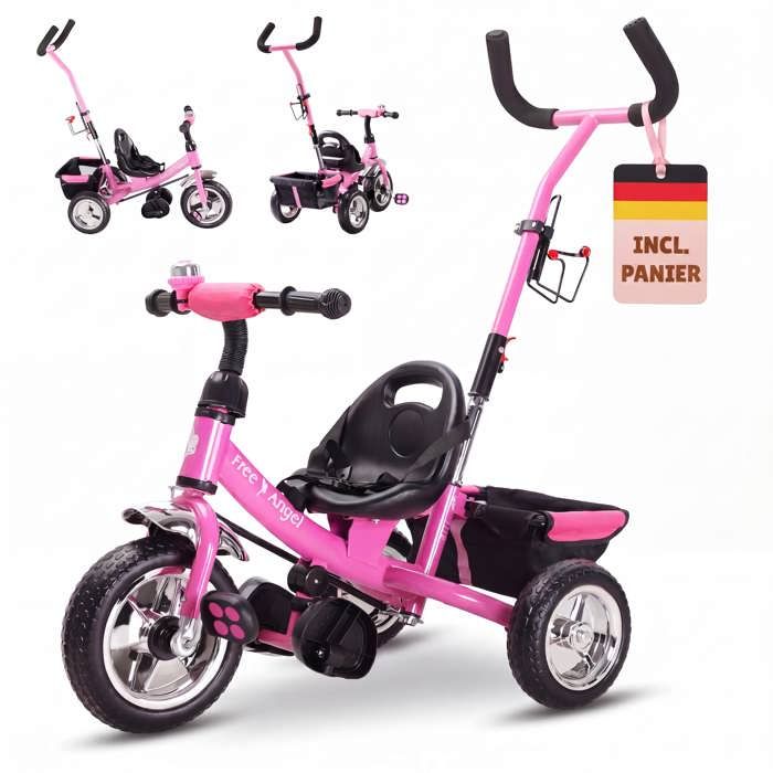 Tricycle pour enfant SUPFINE - modèle avec barre de poussée - rose