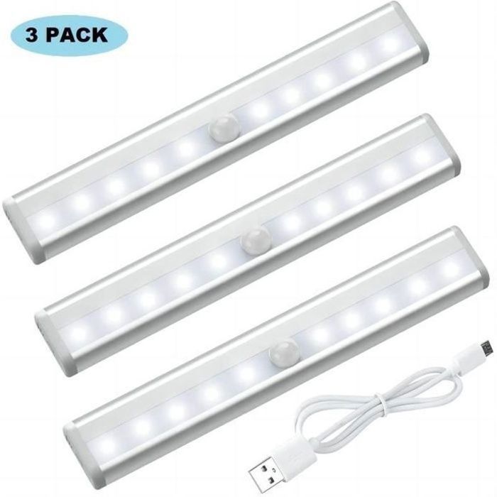 LAMPE A POSER Lot de 3 Lampes 10 LED Sans Fil Rechargeable par USB Aimanté Détecteur de MouvementBaladeuse de Secours Veilleuse