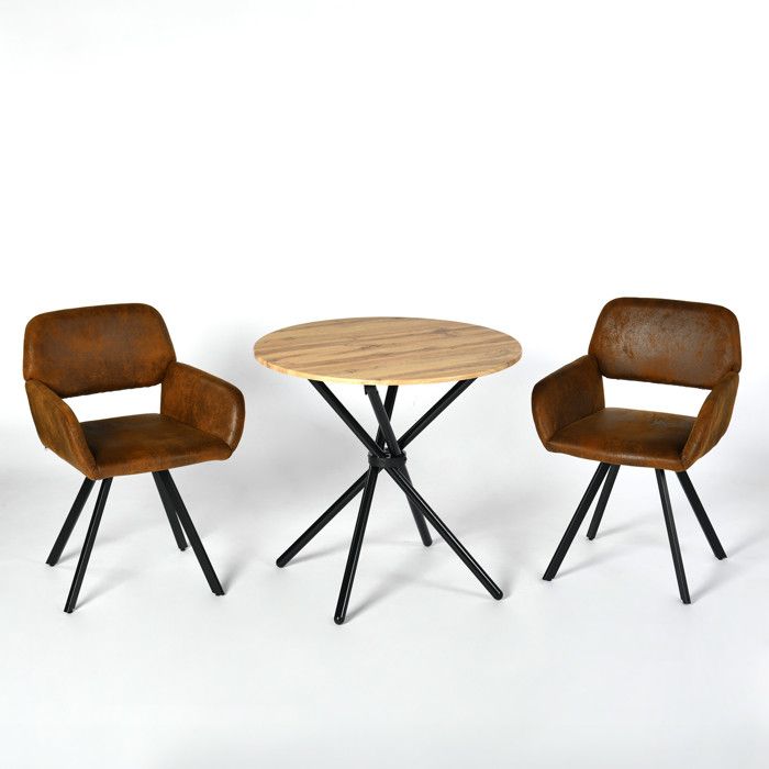 URBAN MEUBLE Ensemble Table Vintage Bois Ronde - 2 Chaises Tournantes 360° Cuir Simulé Design Rustique Cuisine Salon