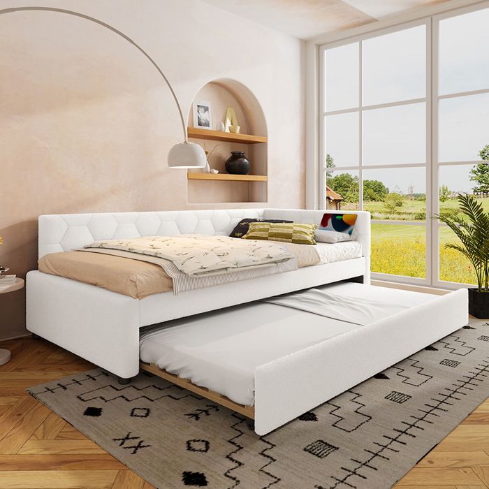Lit Gigogne 90x200 cm canapé-lit avec sommier à lattes avec lampe de chevet port USB type C Blanc Lit Gigogne 90x200 cm canapé-lit avec sommier à lattes avec lampe de chevet port USB type C Blanc