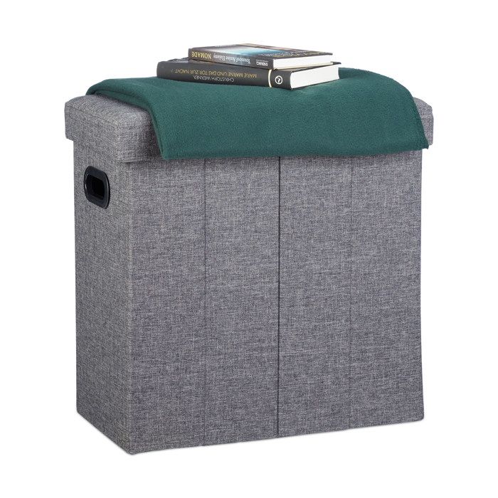 Pouf pliable Relaxdays H x l x P : 49 5 x 46 x 25 5 cm rangement poignées lin polyester MDF gris foncé