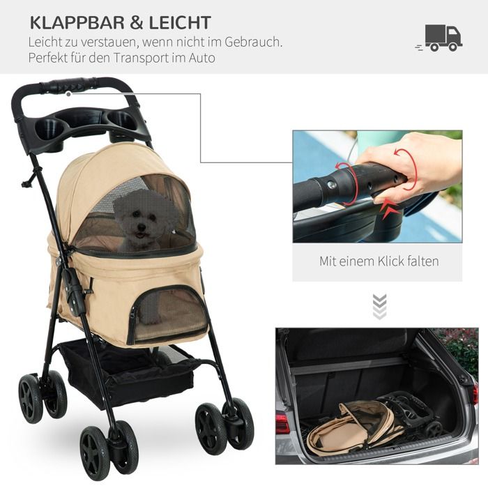 Meilleurs prix pour Feuille épaissie poussette pour chiens buggy pliable Pet Stroller pour petits chiens chats poussette pour animaux Oxford Khaki 67x