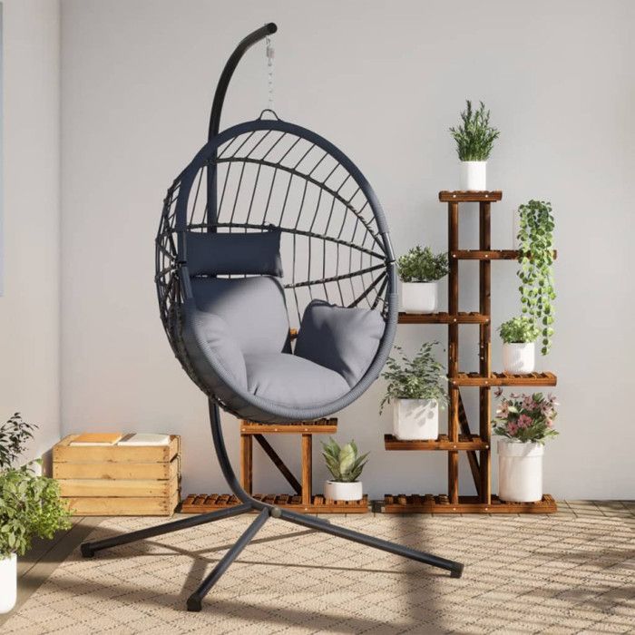 Chaise suspendue forme d œuf et support gris clair rotin acier