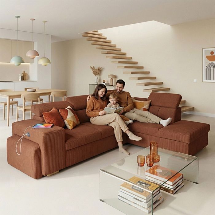 SIRIUS Canapé dangle reversible convertible TERRACOTTA (velours côtelé ) - Taille L - 5 places - 267 x 218 x 94