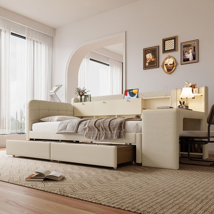 Méridienne convertible 90x200 beige avec bureau modulable 2 tiroirs et rangement (chanvre/MDF)