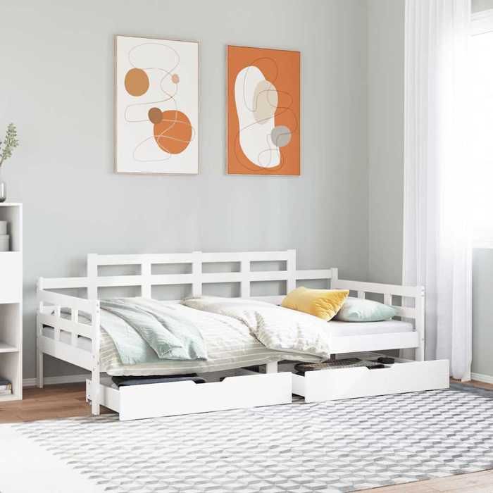 Lit de jour - VIDAXL - 90x190 cm - Bois de pin massif - Blanc - Avec tiroirs